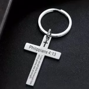 Silver Cross Keychain with Engraved Scripture
