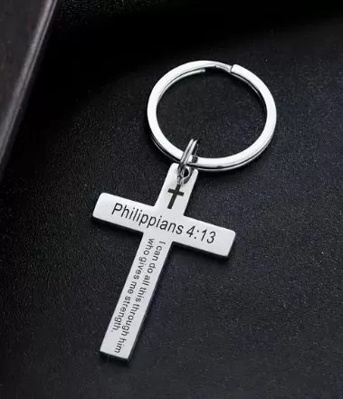 Silver Cross Keychain with Engraved Scripture