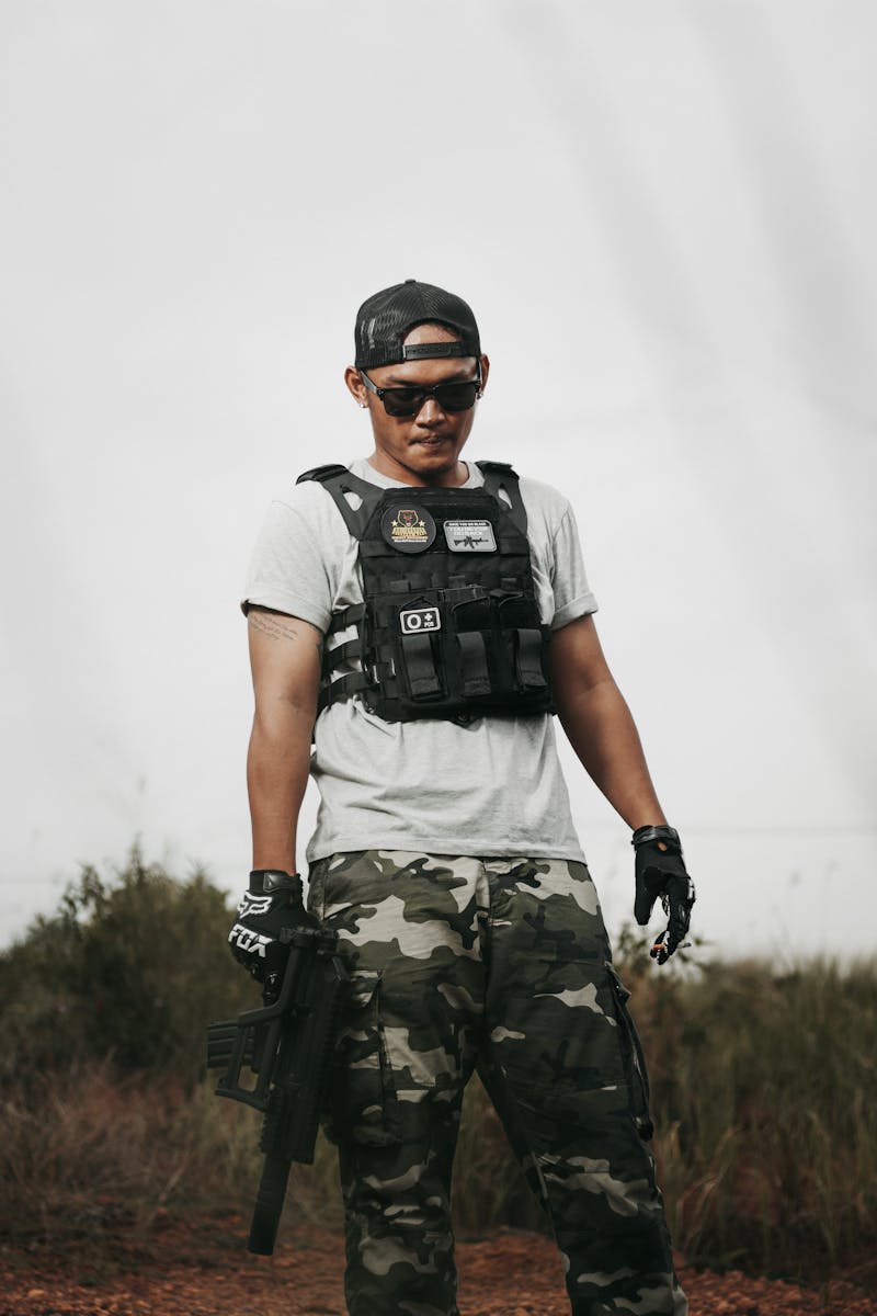 Man in tactical vest holding firearm outdoors, wearing camouflage pants and cap.